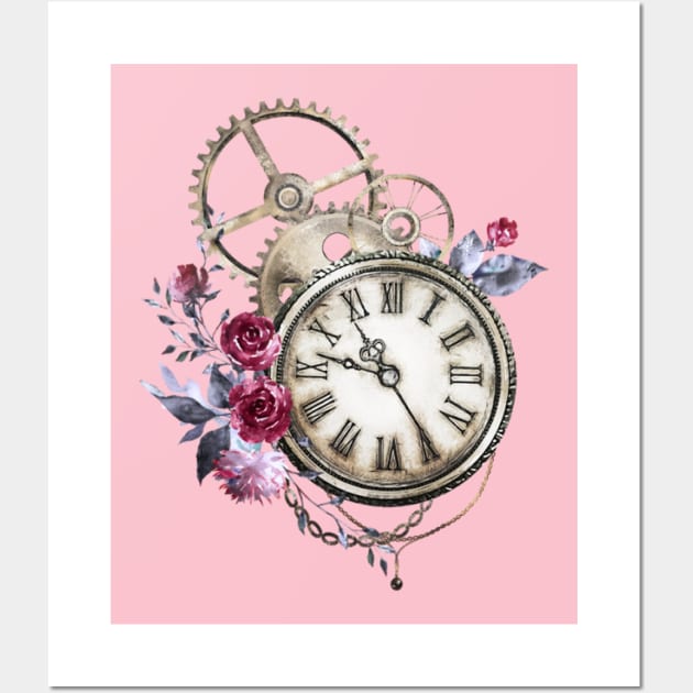 Vintage clock with flowers painting Wall Art by Anonic